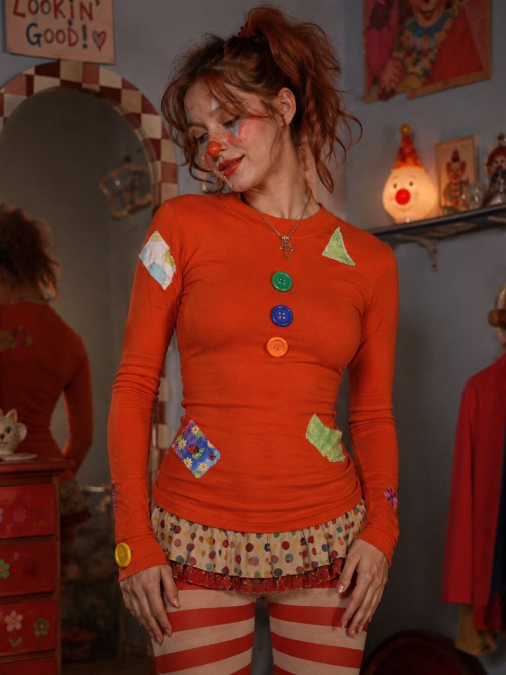 Clowncore Aesthetic Patchwork Quirky Playful Dopamine Dressing Orange Top